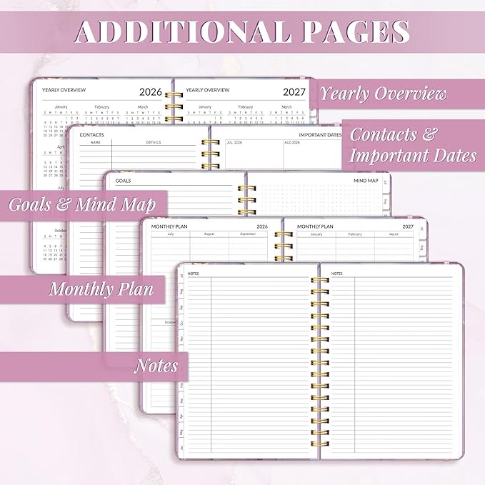 Lonely Oak Academic Planner 2026-2027, Daily Weekly and Monthly Agenda Planner 6.18" x 8.5" with Tabs, 12 Months Spiral School Year A5 Calendar from Jul.2026 to Jun.2027 for Student and Teacher (Purple Marble)