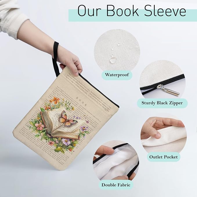 Bookish Butterfly Flower Book Sleeve Pouch for Women Friends Book Lovers Librarian Lovers Bookish Group Club with Pocket Handle, Book Covers Gifts for Women Teacher Graduation Birthday Gifts