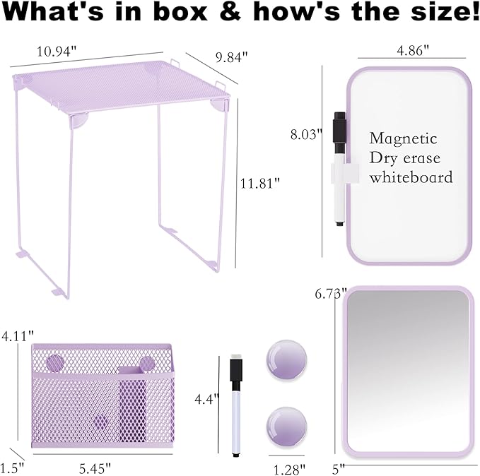 Svartur Locker Accessories with Locker Shelf, Magnetic Mirror, Magnetic Pen Holder, Magnetic Small Whiteboard, Back to School Essentials Locker Decorations, 7 Piece Locker Organizer for Work, Purple