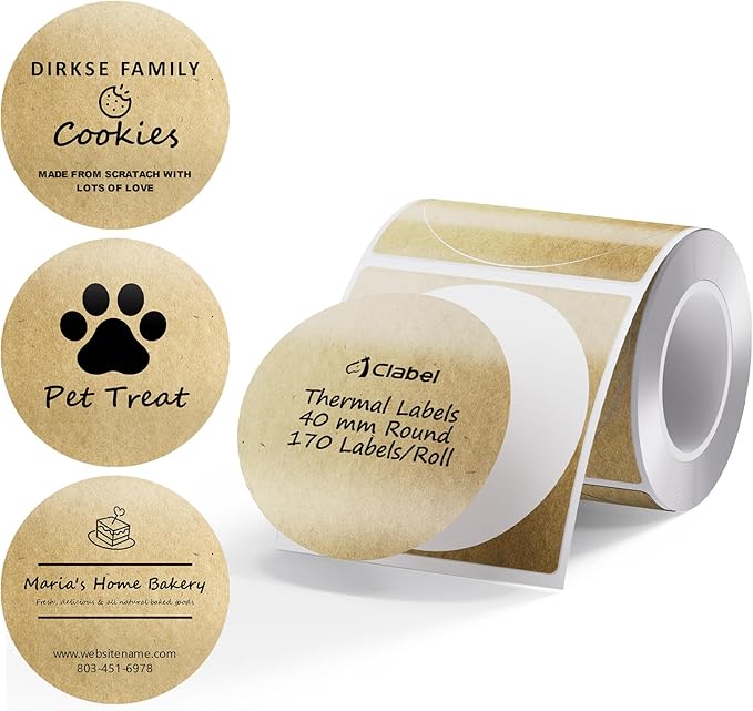 Clabel Round Colorful Labels - 1 Roll x 1.57'' (40x40mm) Kraft-Print, Thermal Glossy, Home/School/Office for CLABEL 221B/220B/230B Label Maker, 170PCS/Roll