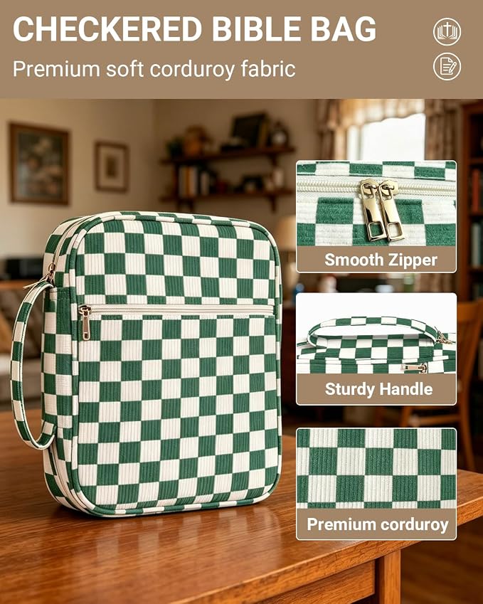 Bible Cover case for Women,Large Bible Bag,Bible Study Supplies,Checkered Corduroy Bible Case for Girls,Christian Gifts for Women,Mother's Day(Green Large)
