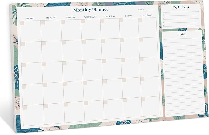 Rileys & Co Monthly Desk Pad Planner, Undated Calendar With 52 Tearaway Sheets, Wide To Do Notepad With Top Priorities and Notes, 16.5 x 11.4 Inches (Floral)
