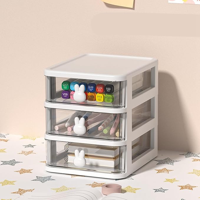 ZJchao Plastic Drawers Organizer Plastic Storage Drawer Desk Drawer Organizer Multi Tier Large Capacity Transparent with Bunny Handle for Office Supplies Books Pens (White Three Layers)