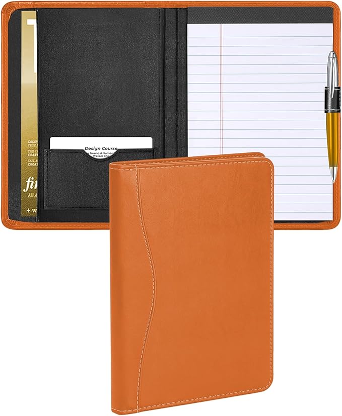 Lcjtop Padfolio/Portfolio Binder, Mini Padfolio Portfolio Binder 5 x 8 Legal Writing Pad, A5 Document Organizer Folder for Men Women, Orange