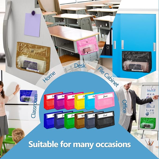 Patelai 24 Pcs Magnetic Storage Pockets Whiteboard Accessory Case Storage Pouches for Organization Magnet Organizer Pocket File Holder for Office, 12 Colors