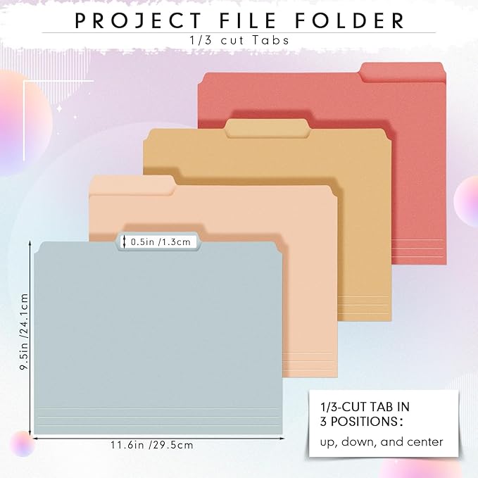 96 Pcs File Folders 9.5x11.6 Inch Manilla Folders Letter Size with 1/3 Cut Tabs 12 Colored Office Home School Organizers for Documents, Classroom Supplies and Paper Storage (Vintage Color)