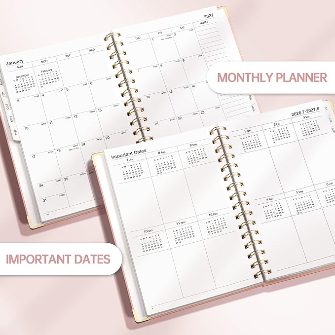 Academic Planner 2026-2027, Weekly and Monthly, A5 Size (5.7" x 8.3"), July 2026 - June 2027, To-do List for Tracking, for School, Home, Office, Hardcover, 12-Month Tabs (Pink)