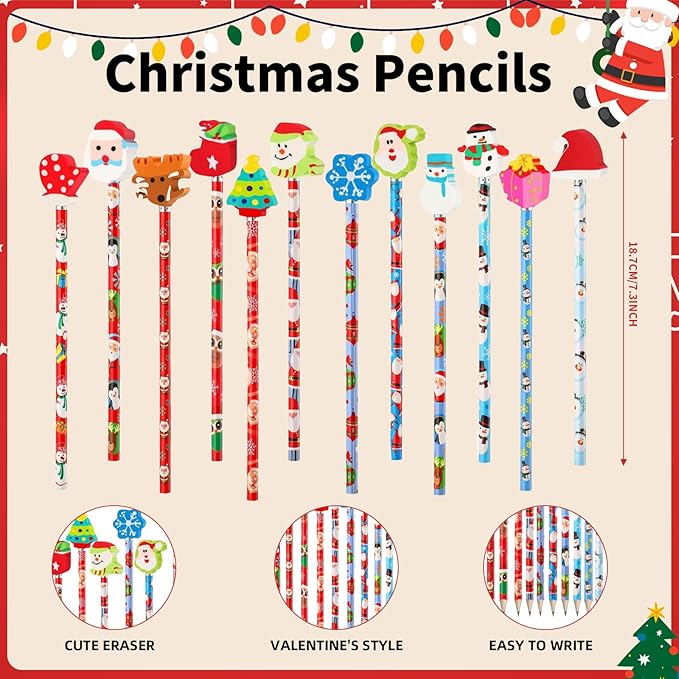 Christmas Pencils with Giant Eraser Assortment Christmas Themed Pencil Wooden Pencils for Christmas Party Supplies Xmas Stocking Stuffers, 12 Style (36)