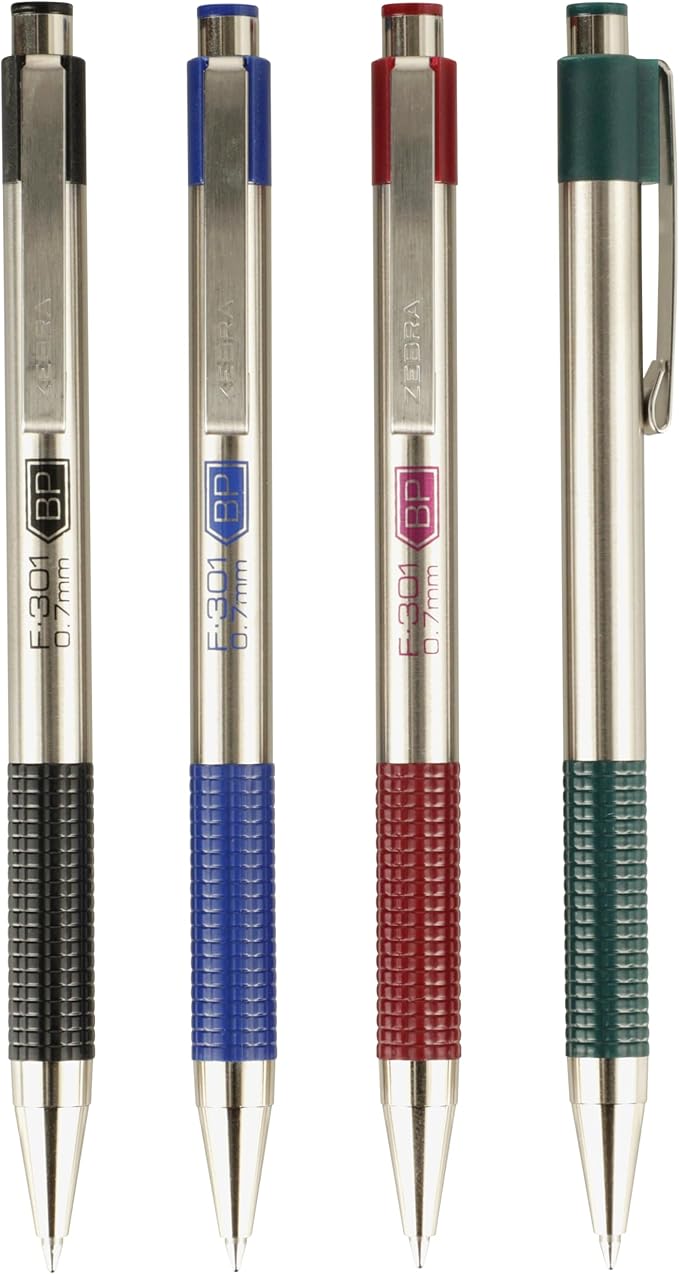 Zebra Pen F-301 Ballpoint Black, Blue, Red and Green Ink, Fine Point 0.7mm Pen, Easy-Glide Ink, Stainless Steel Retractable, Non-Slip Grip, Professional Design, Ideal for Office, 4-Pack (27174)