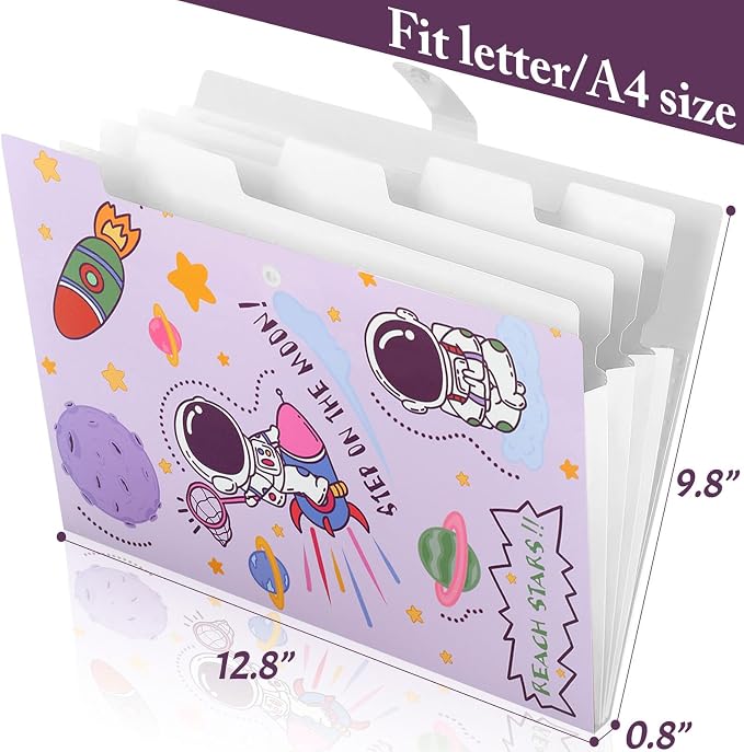 Cute File Folders, Expanding File Folders with 32 Labels, 5 Pocket File Organizer, Accordion File Organizer Letter Size for School, Office and Home - Astronaut Style Set of 4