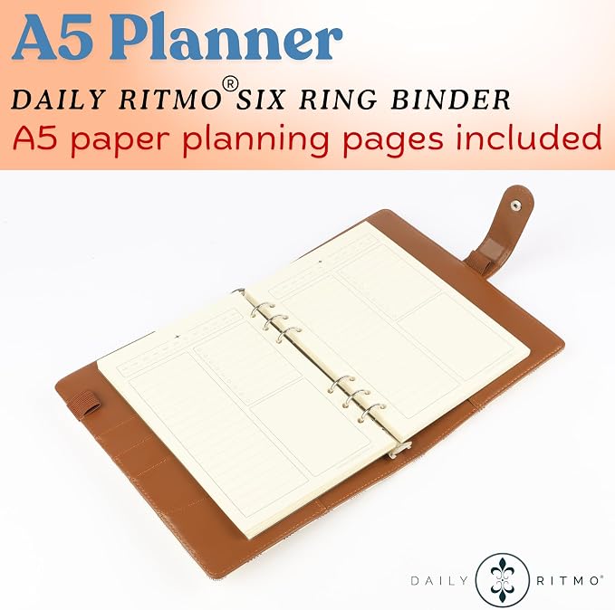 DAILY RITMO® A5 White Checkered Planner with Brown Inside | PU Leather Six Ring Cover