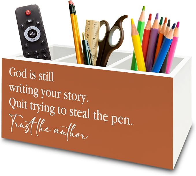 Inspirational Christian Pen Pencil Holder Organizer for Desk, God Is Still Writing Your Story Bible Verse Religious Terracotta Wooden Box Sign for Office Home Desk Tabletop Decorations