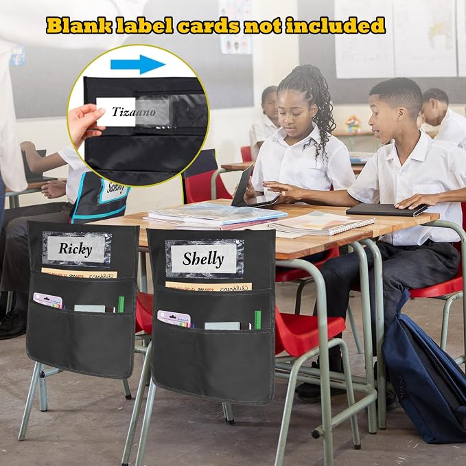 12 Pack Black Chair Pockets for Classrooms, Chair Pocket with 3 Heavy Duty Storage Pocket, Chair Back Buddy Pocket with Name Tag Slot, Ideal Back to School Supplies, Classroom Must Haves (Black)