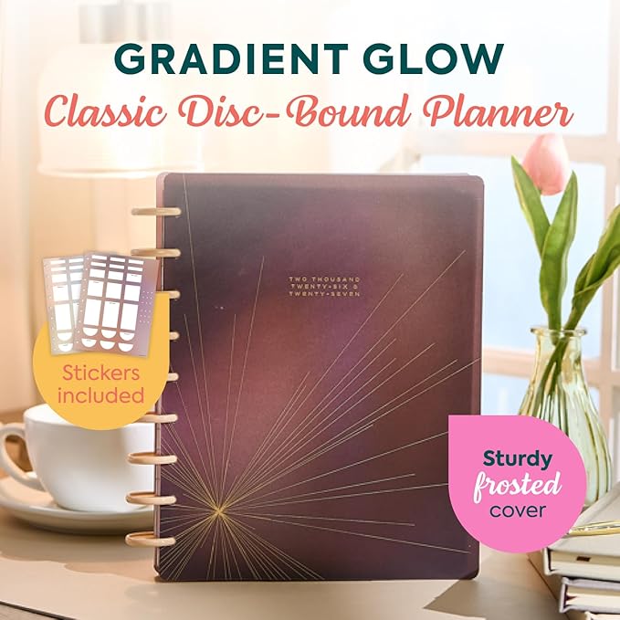 Happy Planner Disc Bound Planner July 2026–June 2027, Includes 3 Extra Months and 2 Sticker Sheets, Classic Size, 7" x 9.25", Horizontal Layout, Gradient Glow