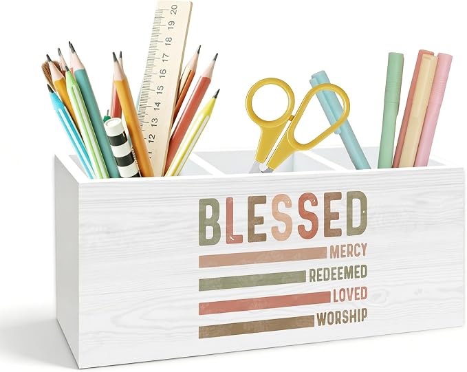 Boho Christian Pen Holder for Desk, Christian Gifts for Women Faith, Blessed Religious Bible Verse Wooden Box Pencil Pen Holder Organizer for Home Office Desk Accessories