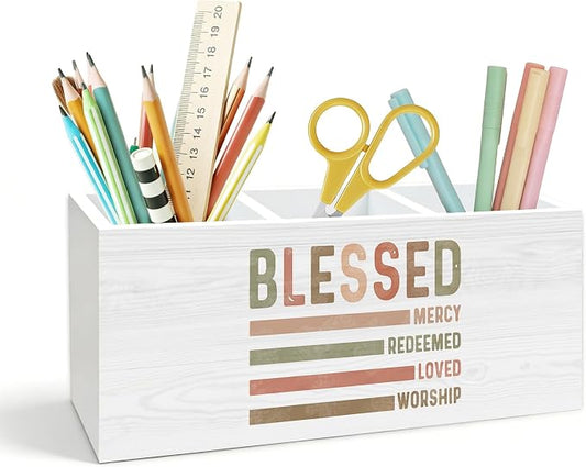 Boho Christian Pen Holder for Desk, Christian Gifts for Women Faith, Blessed Religious Bible Verse Wooden Box Pencil Pen Holder Organizer for Home Office Desk Accessories