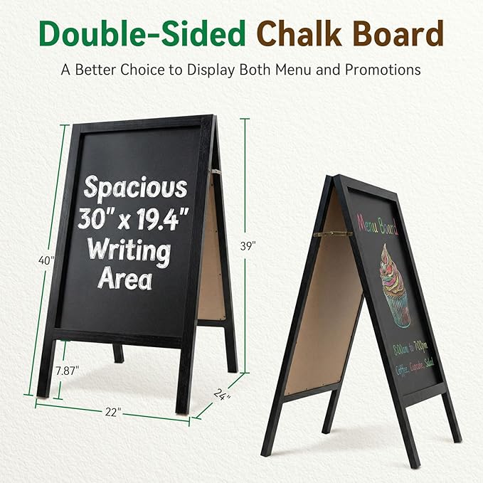 TEAKMAMA A Frame Chalkboard Sign, 40"x20" Extra Large Chalk Board Double-Sided Sidewalk Sign Sturdy Sandwich Menu Board for Restaurant Coffee Shop and Wedding, Black