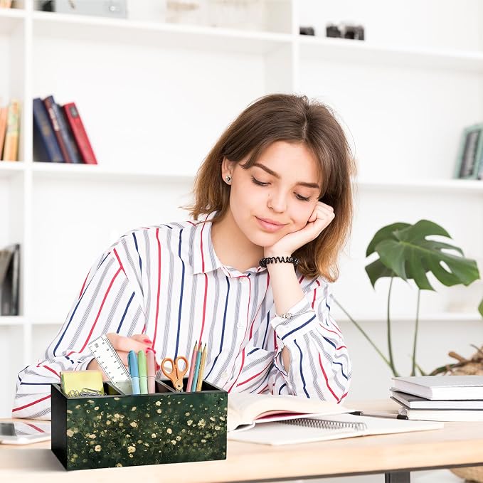 Dark Green Floral Pen Pencil Holder for Desk, Moody Cottagecore Botanical Flower Wooden Box Sign Organizer for Home Room Office Bedroom Desk Accessories Tabletop Decorations