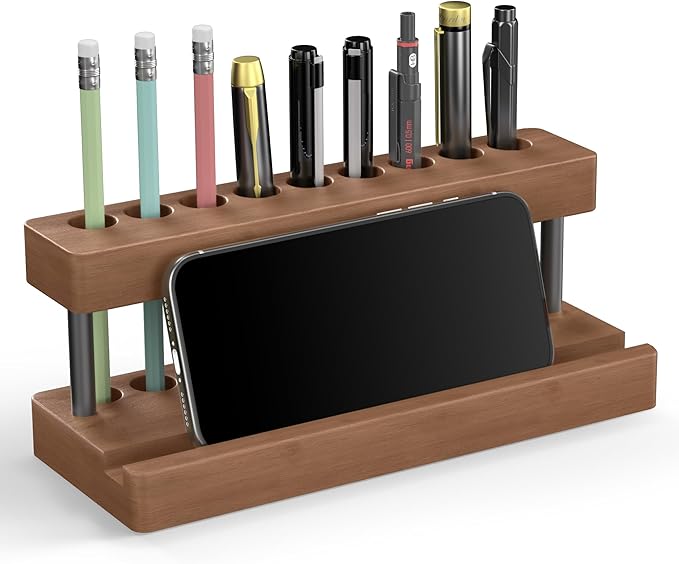 Wooden Holder for Office Desk, Solid Wood Pen Display Stand With 9 Slots and Cell Phone Holder, Aesthetic Pen Organizer for Minimalist Office Desk Decor (Wood+Black)