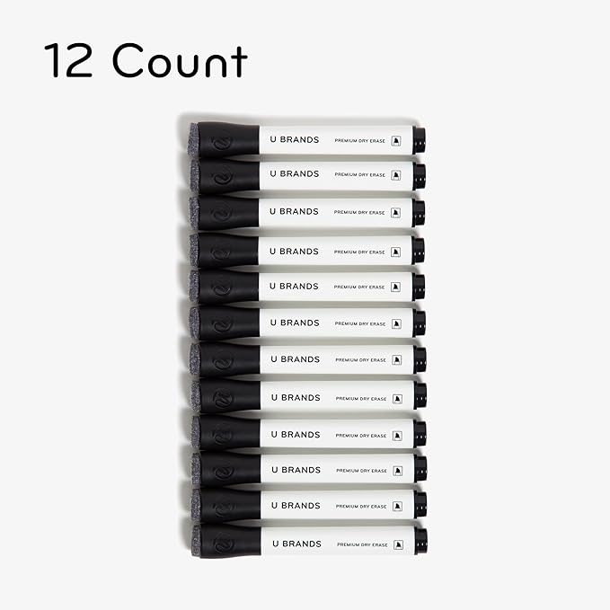 U Brands Dry Erase Markers, Fine Tip Whiteboard Markers, Chisel Tip, Low Odor, Black Dry Erase Marker Set with Eraser Caps, Office School Classroom Supplies, 12 Count