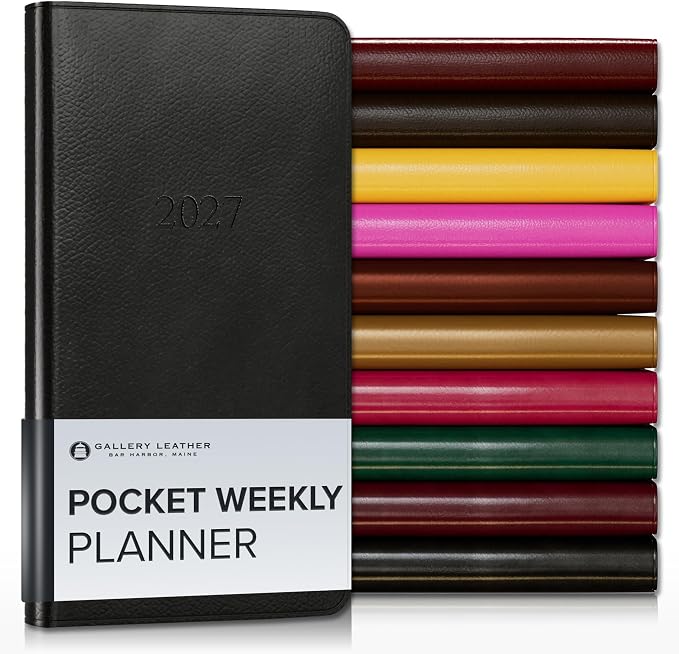 Gallery Leather Pocket Weekly Monthly Planner 2027, Elegantly Bound Calendar Planner and Notebook with Stylish Gold-Gilded Page Edges, 12 Months - Monhegan Black - 6x3.25"