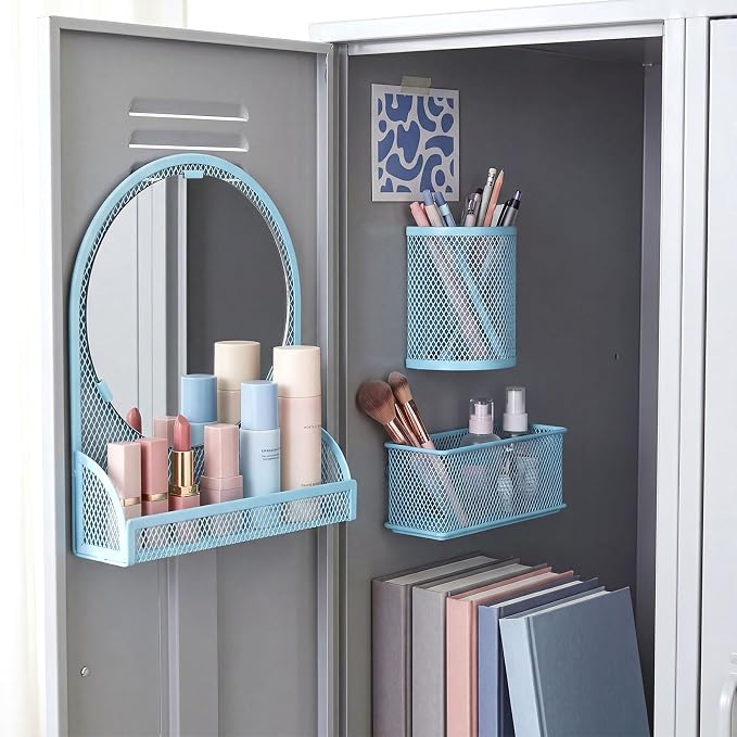 Weysat Set of 5 Magnetic Locker Accessories Mirror with 2 Magnetic Pen Holder and 2 Wire Mesh Storage Basket for Students Back to School Locker Organizer for Office End of School Years Gifts(Blue)