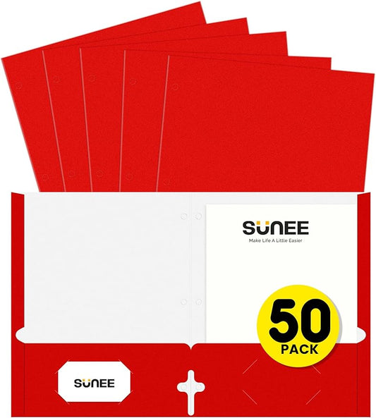 SUNEE Folders with Pockets 3 Hole Punched(50 Pack, Red), 2 Pocket Folders Fit Letter Size Paper, Paper File Folder for School Office Home Business