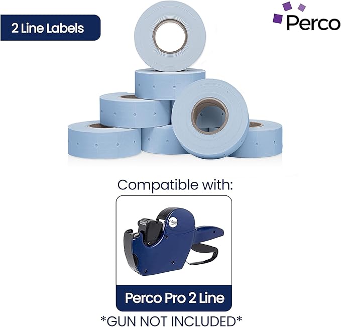 Perco 2 Line Blue Labels - 32 Rolls, 4 Sleeves, 24,000 Blank Price and Date Gun Labels for Perco 2 Line Price and Date Guns - Made in USA