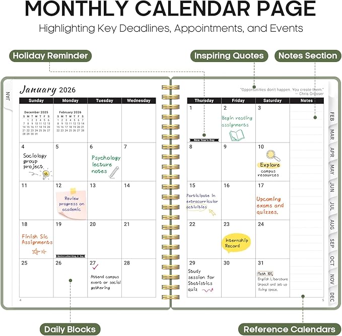 2026 Planner, Weekly and Monthly Calender Planner, Jan 2026 to Dec 2026, Hardcover 2026 Calendar Book with Tabs & Inner Pocket, Office Home School Supplies for Women & Men - A5 (6.3" x 8.5"), Green