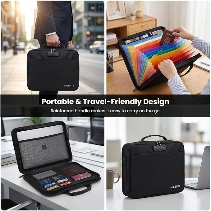 Fireproof Document Box with Lock, Hard Case File Organizer with Accordion Folder, Portable Fire Resistant Document Storage Bag for Home, Office and Travel, Secure Zippered Briefcase – Black