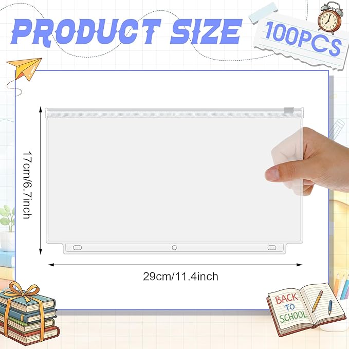 Gilprop 100 Pcs Clear Binder Zipper Pouches 3 Rings PVC Waterproof Loose Leaf Bags Letter Size Binder Pockets 11.5 x 6.7'' Fill Folders Document Organizer for Office Supplies Filling Storage