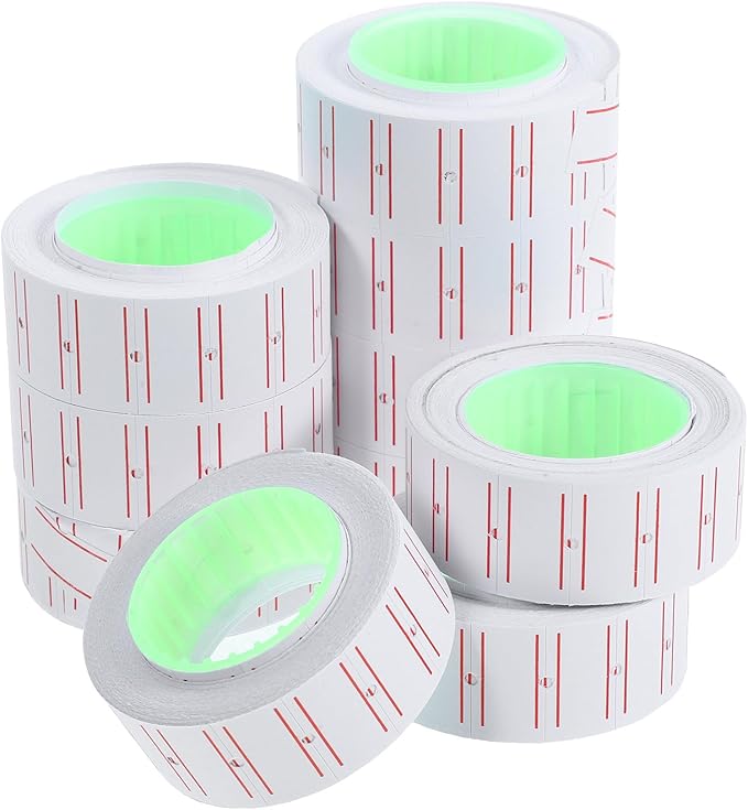 SECFOU 5000pcs Adhesive Cost Tag Paper with Double Red Stripes for Price Gun Labeler, Market Price Sticker Rolls Compatible with Pricing Machines for Retail and Supermarket Use