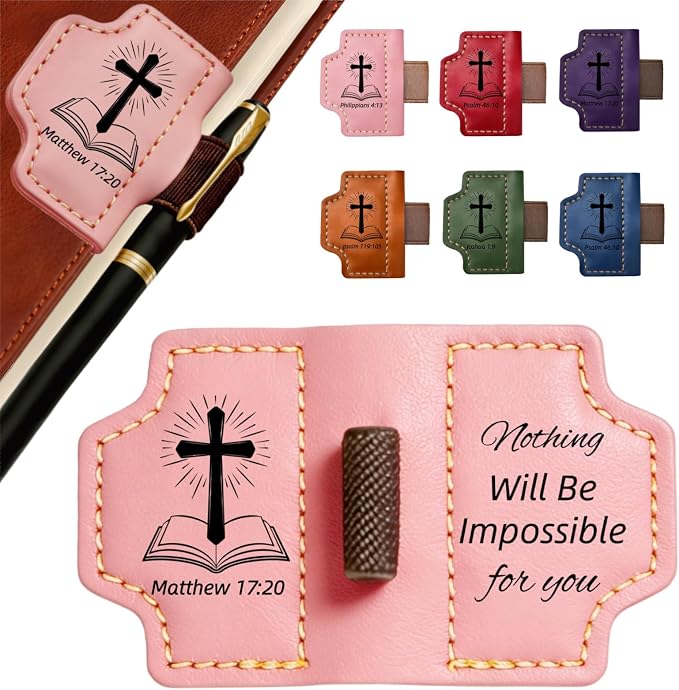 MOTEERLLU Bygone Mark Personalized Magnetic Leather Bookmark Pen Holder, Christian Gifts, Inspirational Bible Book Marks for Reading Women, Men, Teachers, Book Lover(Pink Matthew 17:20)