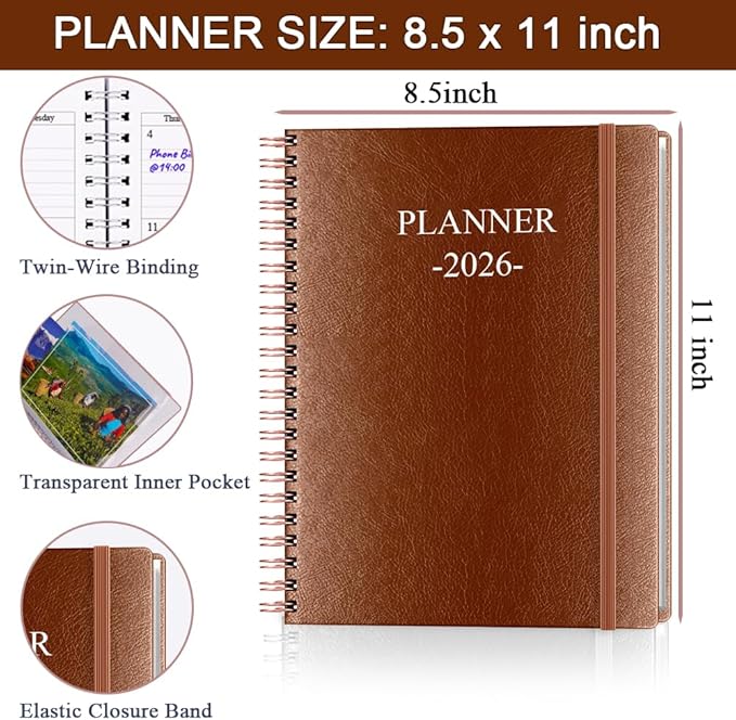 Planner 2026 - Weekly & Monthly Planner Runs from January 2026 to December 2026, 8.5 x 11", 12 Month Tabs, Inner Pocket, PU Leather Cover with Twin-Wire Binding, Monthly Planners 2026, Brown