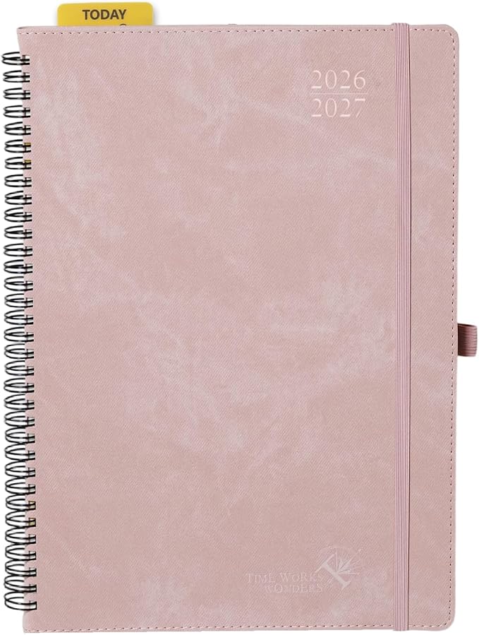 POPRUN 2026-2027 Academic Weekly Planner, Large Size 8.25" x 11.75", July 2026 to June 2027, Wire Bound Calendar with Vertical Layout, Quarter Hourly Time Slots, Leather Softcover, Monthly Tabs - Pink