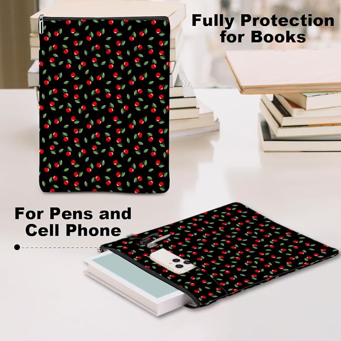 Cherries Decor Book Lovers Gifts Waterproof Book Sleeve Books Pouch Books Protector with Zipper and Front Pocket Bookish Gifts Cover Case for Women Girl Sister Reading Accessories Graduation