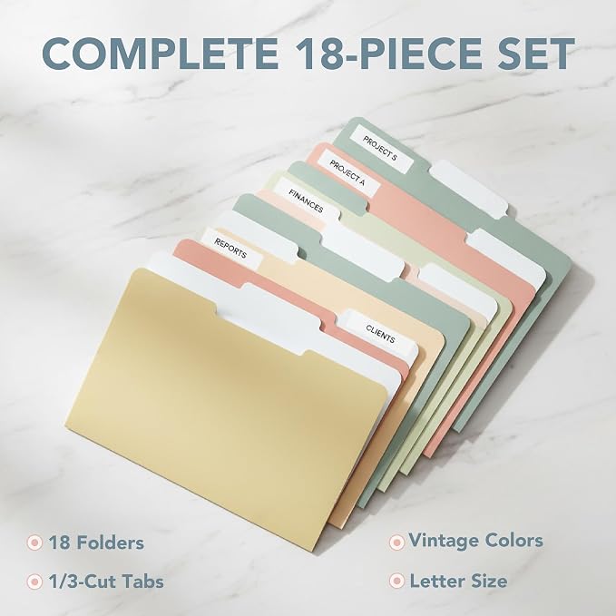 Mr. Pen- File Folders, 18 Pack, Vintage Colors, 1/3-Cut Tab, File Folders Letter Size, Colored File Folders, Office File Folder
