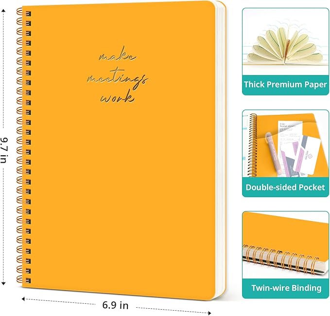 Meeting Notebook for Work Organization - Work notebook with action items, Meeting Minutes Planner Notebook, Perfect Office Supplies for Men & Women - Yellow
