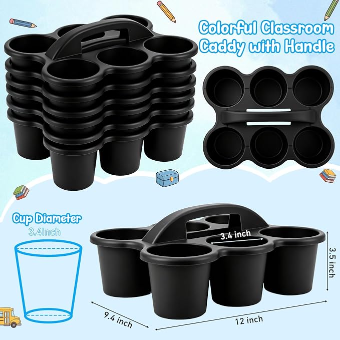 Novabright 12 Pack Classroom Caddy, Stackable Plastic Caddy Storage Basket with Handle for Kids, Table Desk Office Arts, Crafts, Crayon, Marker, Pencil, School Supplies (Black)