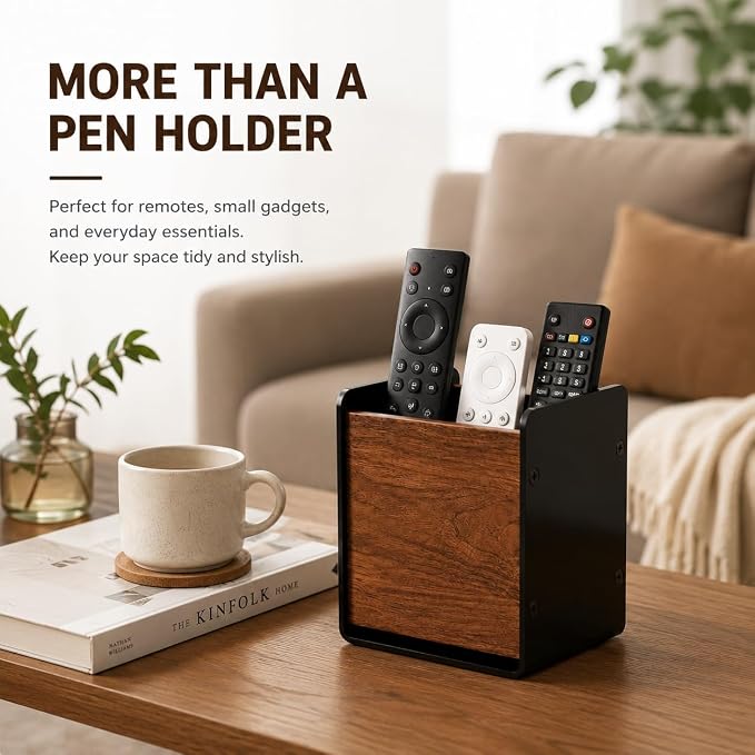 Walnut Desk Organizer, Minimalist Pencil Holder with Metal Frame, Multi-Purpose Storage for Pens, Makeup Brushes & Remote Controls, Modern Office Desk Accessory (1 Slot)