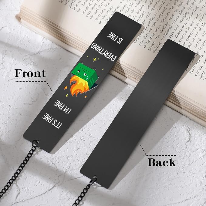 Funny Bookmark for Men - Dumpster Fire Desk Accessories Metal Book Marks Gifts for Reading Women Black Cute Inspirational Page Markers for Boys Girls Kids Students Teachers Birthday School