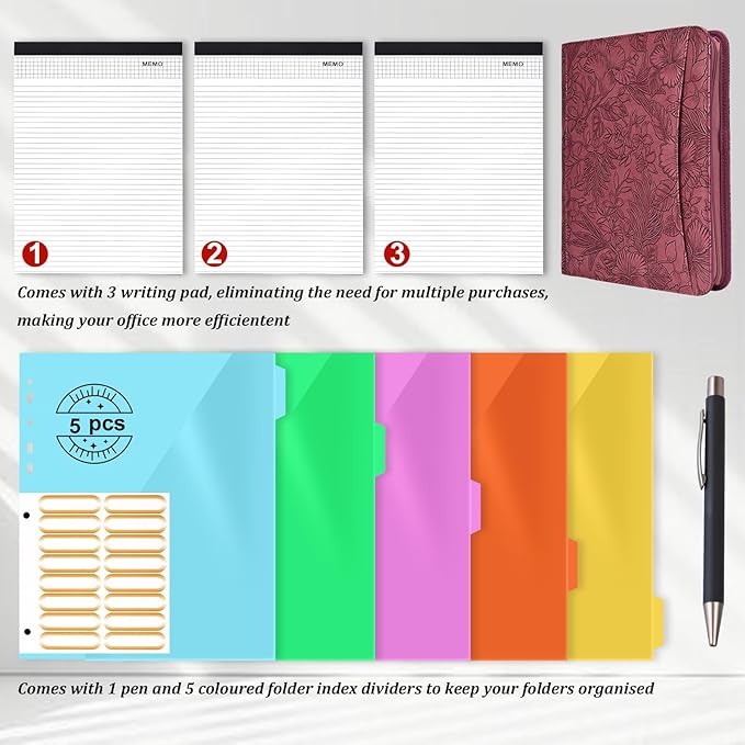 Leathario Portfolio Binder, Includes 5 Folder Index Dividers and 3 Notepads, 3-Ring Folder Organizer, Padfolio with Zipper, Vegan Leather Tablet Sleeve, Business Office Conference Clipboards