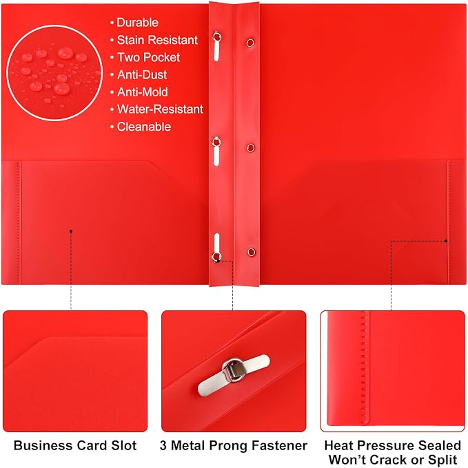 Cholemy 72 Packs Pocket Folders with Prongs Heavy Duty Plastic Folder with Business Card Slot 3 Prong Fasteners for School Office (Cute)