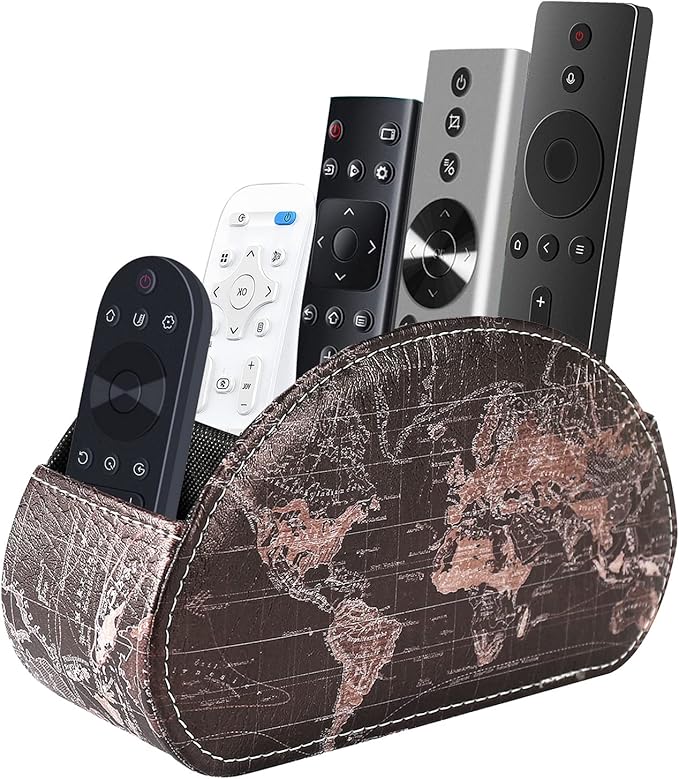 Remote Control Holder, Spacious Decorative PU Leather Makeup Organizer with 5 Compartments, Table Decor Storage Remote Caddy for TV, DVD, Blu-Ray, Office Supplies World Map Black PH56