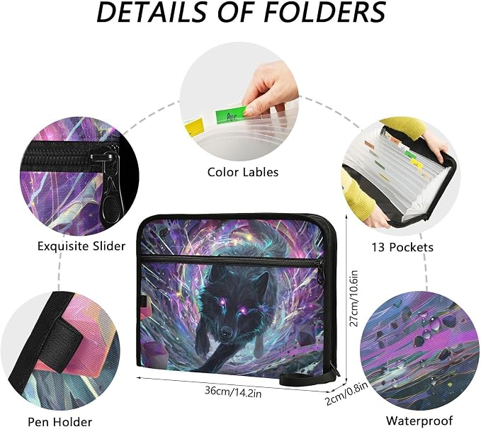 Expanding File Folder Black Wolf Purple Eyes Galaxy Accordion File Organizer 13 Pockets Document Organizer with Zipper Labels A4 Letter Office Storage