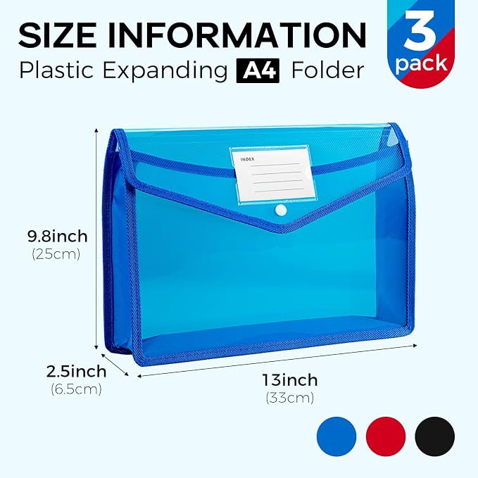 Plastic Expanding File Folder, Folders for Documents, Transparent Envelopes with Elastic Closure, File Folder Organizer Holder, Large Capacity, Fit Letter/A4 Size (3Pcs)