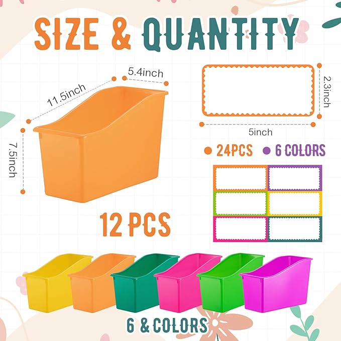 Geetery 12 Pcs Book Bin for Classroom with Labels Stackable Plastic Organizing Bins 11.5 x 5.4 x 7.5 in Book Holders Storage Bins Box Baskets for Classroom Library Home (Bright Color)