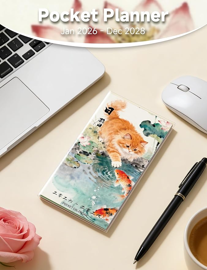 Pocket Calendar 2026-2028 Animal Series, Monthly Planner Jan 2026 to Jul 2028 (3.7" x 6.7") Perfect Purse Calendar, Pocket Agenda with Protective Plastic Sleeve- Koi Cat