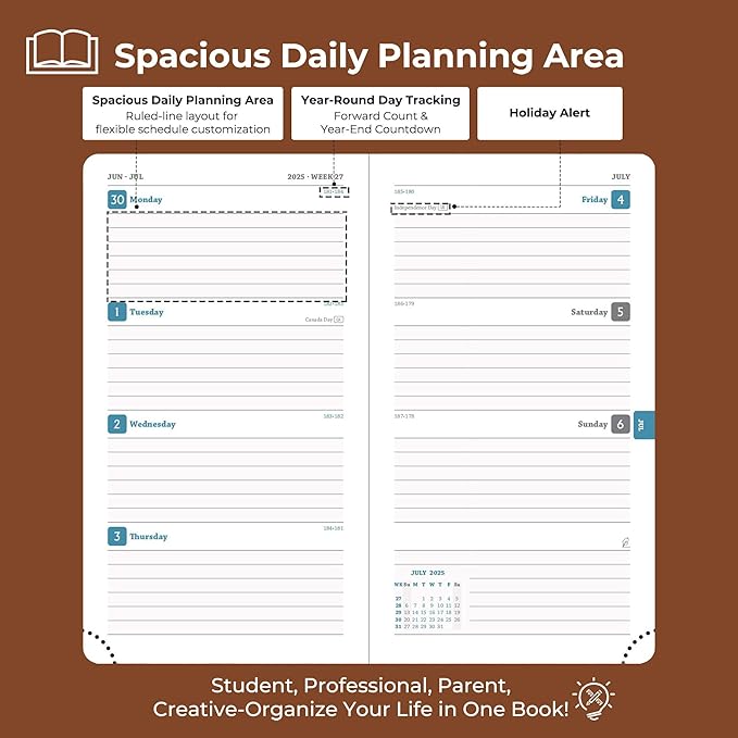 Weekly Monthly 2025-2026 Planner (July 25-Dec 26),6.5"x3.75",18 Months Agenda Plan with Month Tabs & Pocket,Expenses/Note Pages, Academic Calendar with Vegan Leather Cover,Brown