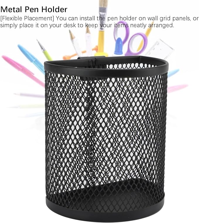 Hanging Pencil Holder Pen Holder Cup for Desk, Metal Hook Wall Mounted Pen Holder, Mesh Pencil Holder for Hanging on Wire Mesh Wall Grid Panel for Desk Office Pen Organizer,Black 9.5x8x5.5cm